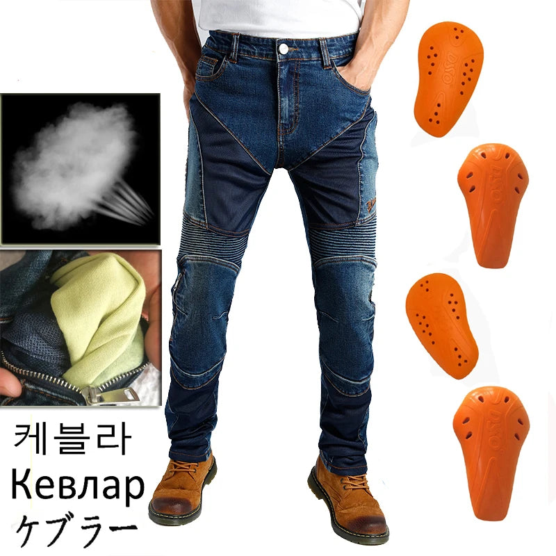 Men Summer Motorcycle Jeans Blue Mesh Protective Riding Pants Black Motocross Gear Motorbike Trousers