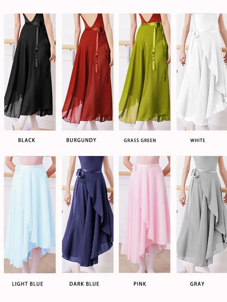 Adults Women Ballet Dance Skirts Long Chiffon Dance Skirts Lyrical Soft Ballet Dress Black Burgundy Translucent Dance Costumes