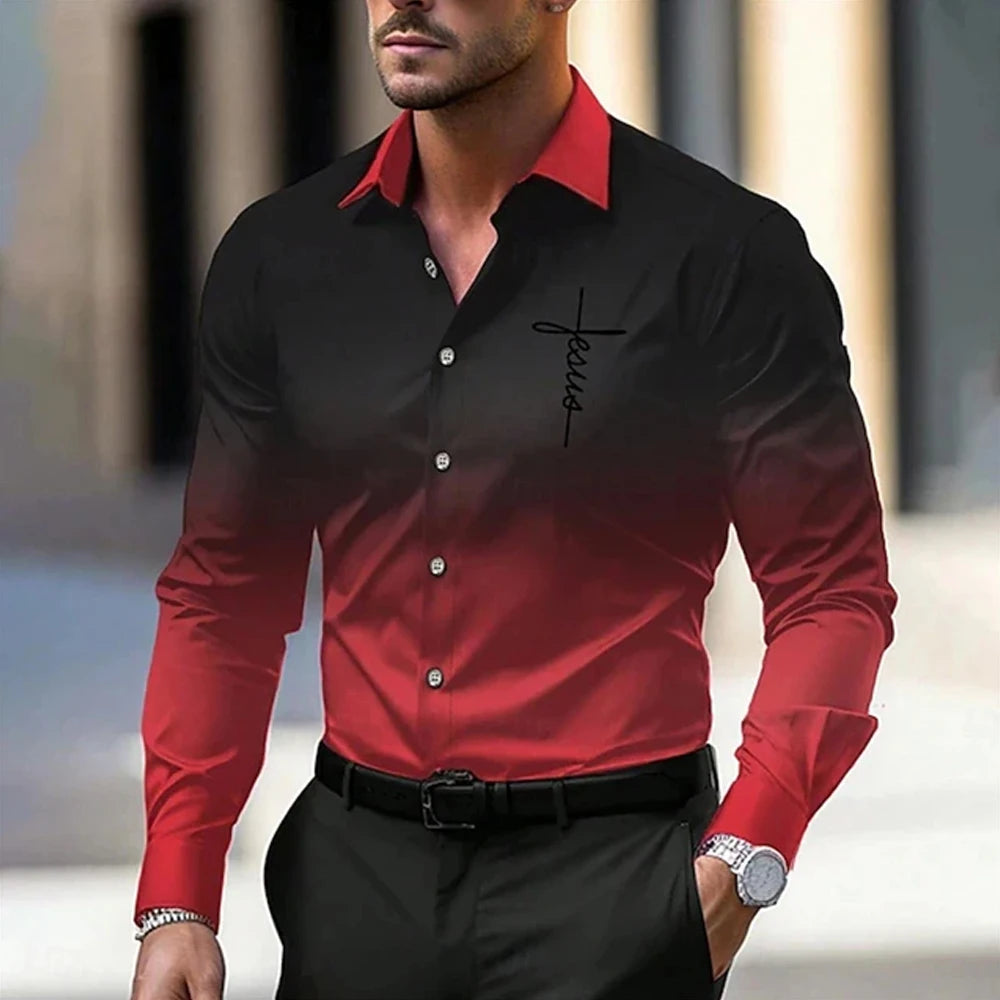New Spring Autumn Men Clothes Long Sleeve Gradient Color 3D Digital Print Shirt Men Casual Fashion Tops