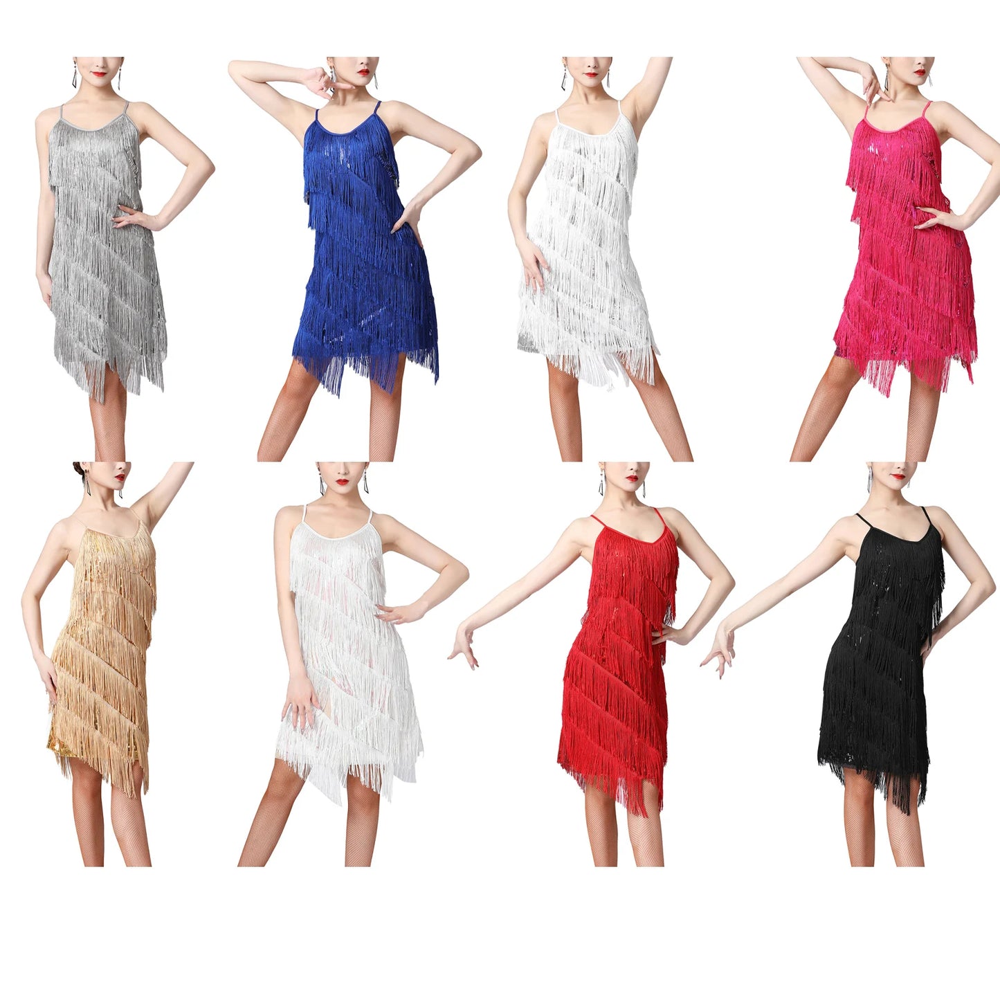 Women Salsa Latin Dance Dress Sequin Tassel Fringe Flapper Dress 1920s Gatsby Cocktail Dress Tango Ballroom Dancing Costume