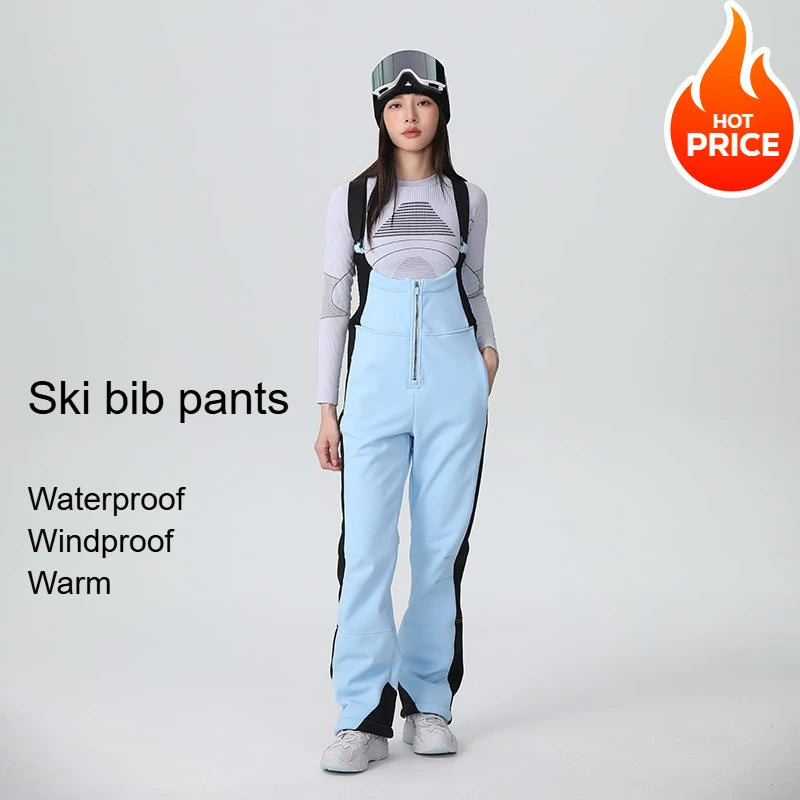25-26 New Women's Ski Bibi Pants Waterproof Windproof Stretchy Anti-wear Solid Zipper Slim Resilient Outdoor Warm in Winter