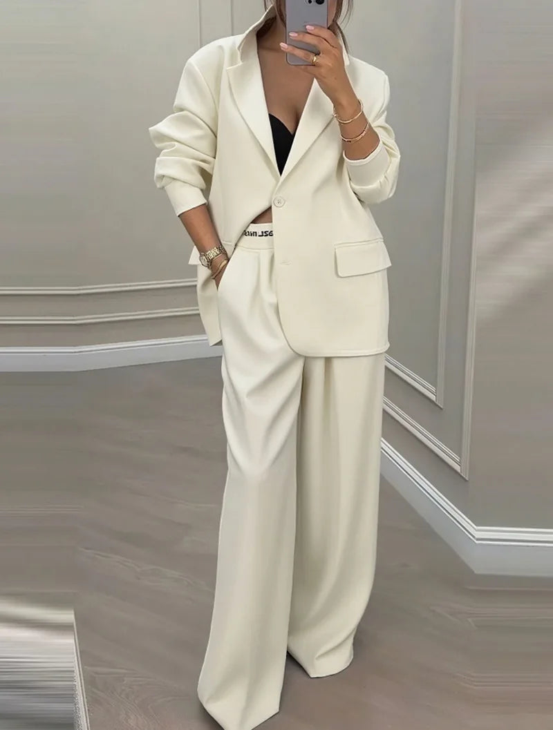 Temperament Women's Pants Suit Loose Solid Color Autumn Winter Commuting Long-sleeved Lapel Top Wide-leg Trousers Two-piece Set