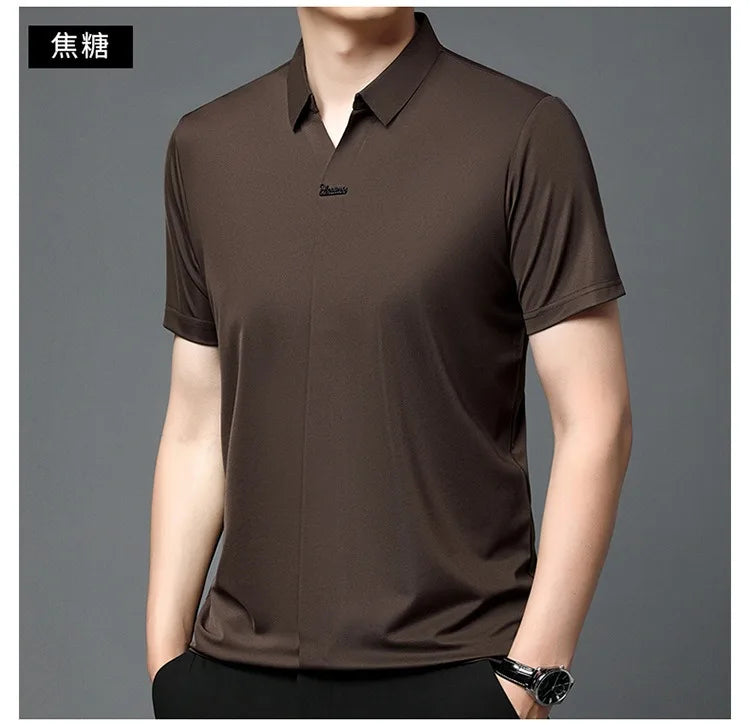 High End Mulberry Silk T-shirts Man Long Sleeve Tops Business Casual Elastic Non-iron Seamless Quality Luxurious Men Polo Shirts