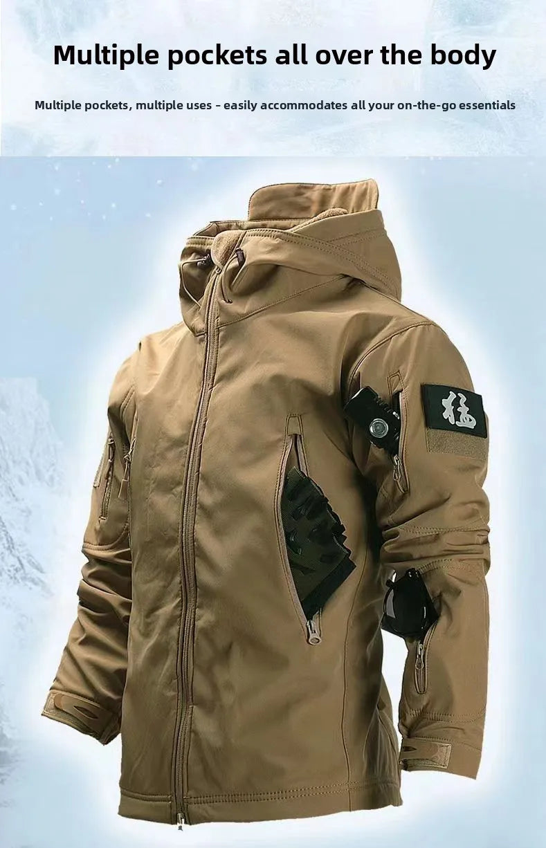 Skin Soft Shell Jacket Men's Winter Waterproof and Windproof Jacket Velvet Warm Cycling Mountaineering Ski Jacket Camouflage