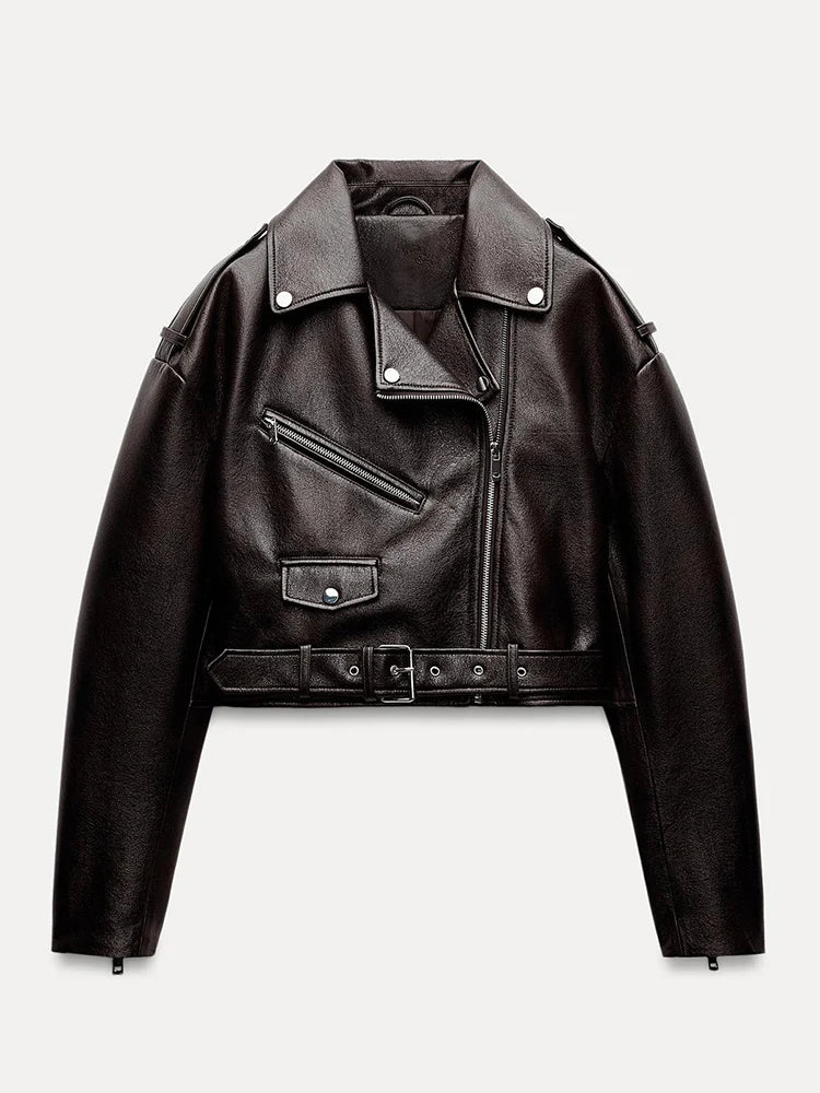 Ailegogo Spring Autumn Women Retro Short Pu Faux Soft Leather Jacket Vintage Female Belt Zipper Coat Moto Biker Outwear