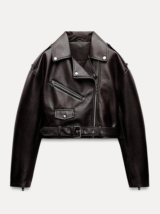 Ailegogo Spring Autumn Women Retro Short Pu Faux Soft Leather Jacket Vintage Female Belt Zipper Coat Moto Biker Outwear