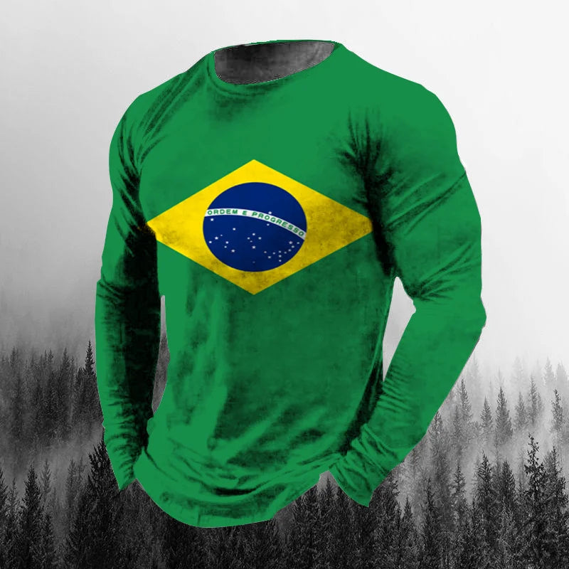 Vintage Brazilian Flag 3D Print Autumn Men's O-Neck T-shirt Casual Long Sleeve Oversized T Shirt Fashion Pullover Men Clothing