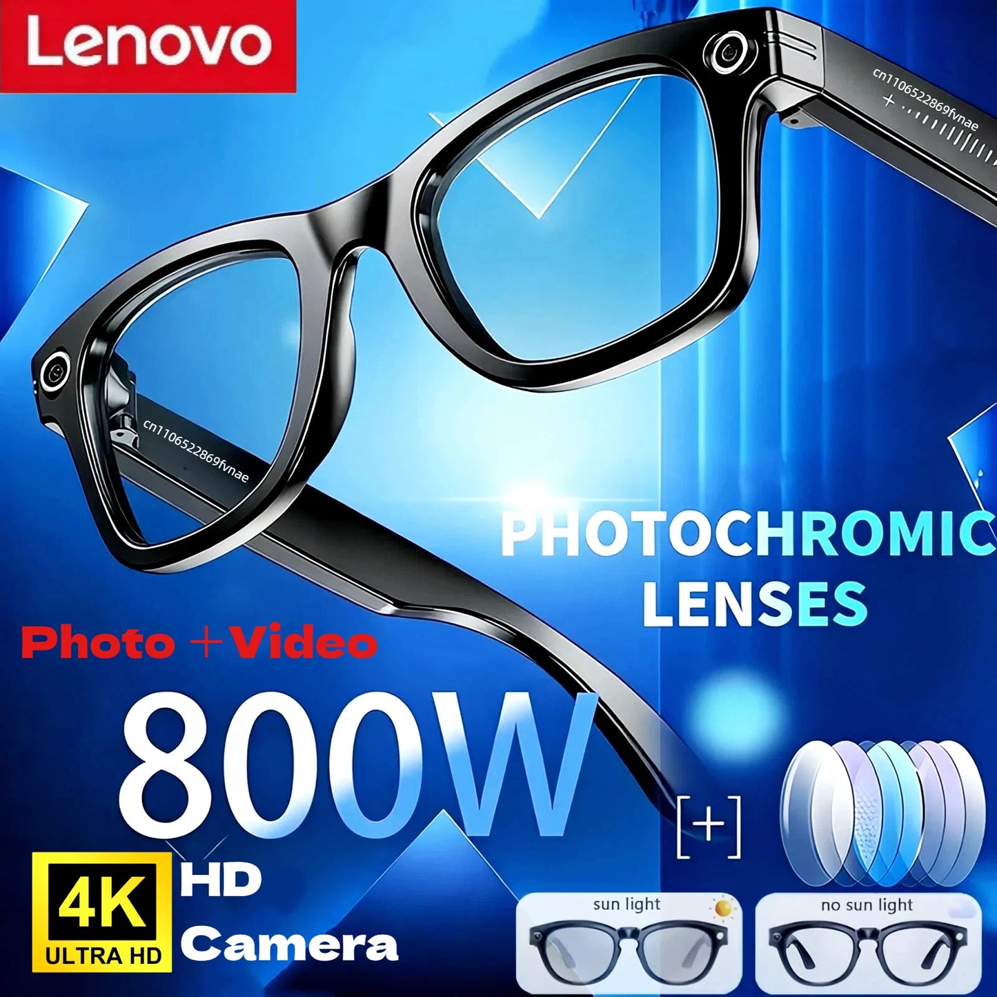 Lenovo AI Smart Glasses 800W Anti Shake HD Camera Video Recording Languages Translation Sunglasses BluetoothMusic Play Man Women