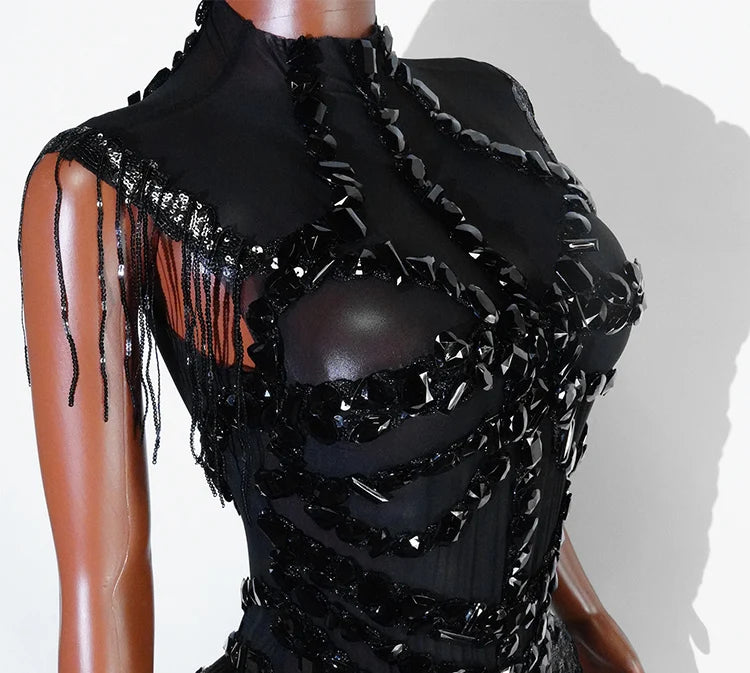 Sexy Mesh Sheer Black Rhinestone rhinestone Bodysuit Singer Dancer Show Stage Outfit Celebrate Party Night Club Performance Waer