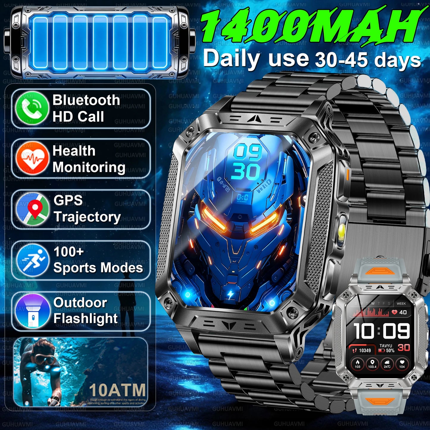 2026 HOT New 1400mAh Large Battery Smart Watch Military Quality 10ATM Waterproof Tactics 100+Sport Bluetooth call SmartWatch Men