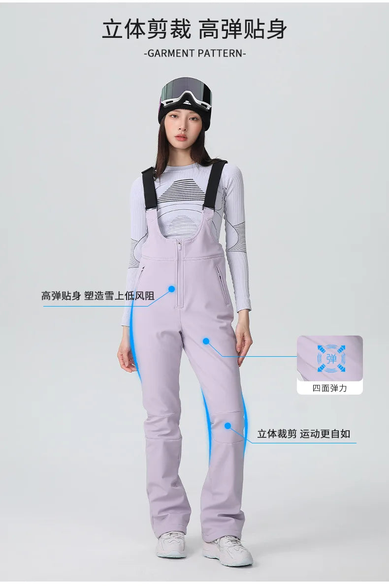 Xueyipai New Slim Fit Bib Ski Pants for Women Waterproof Four-Way Stretch Fleece-Lined Winter Double Board One-Piece Ski Pants