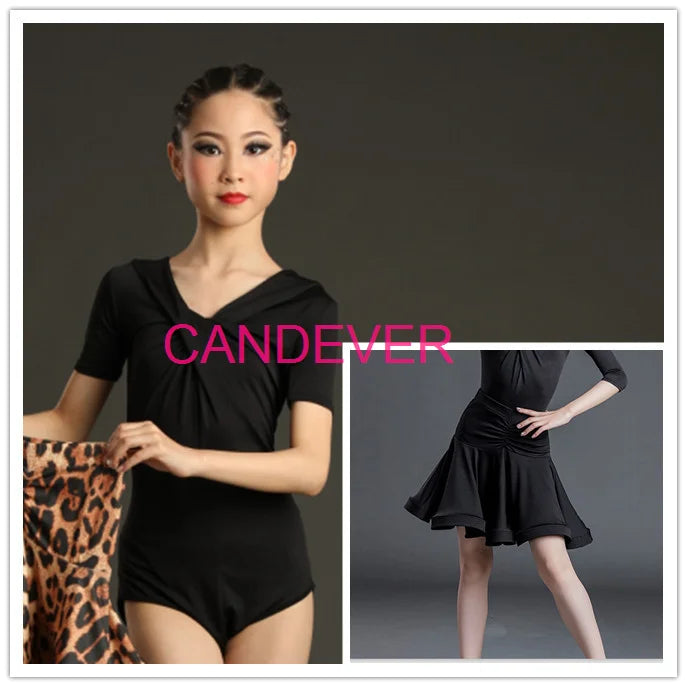 sexy Latin Dance Costume For Girls Ballroom Salsa Tango top Skirts Kids Child lace Leopard Latin Dance Split Dress Leotard Skirt