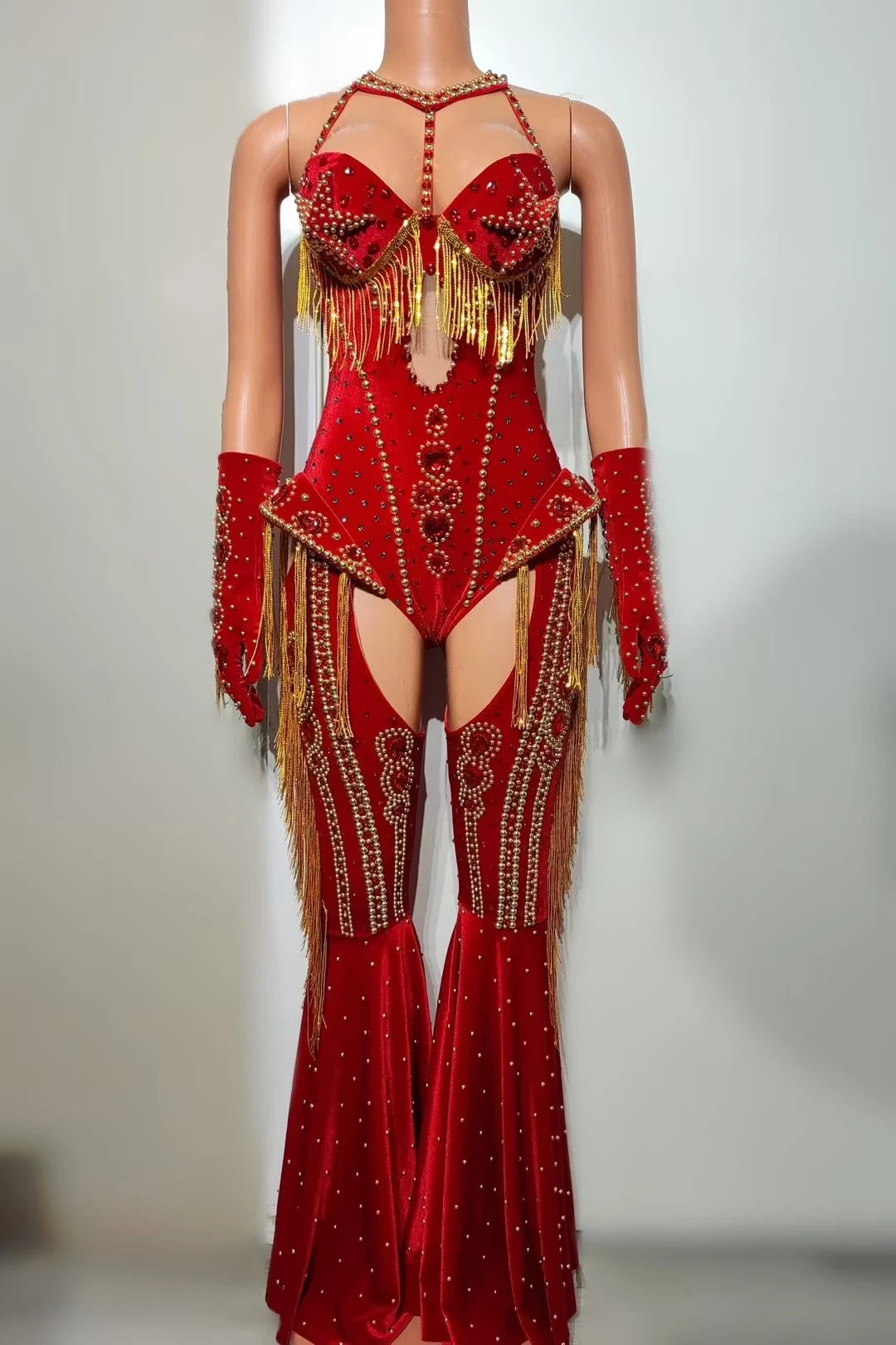 Women Sparkly Rhinestone Bodysuit 4Pieces Set Night Party Cowboy Show Outfit Cabaret Carnival Showgirl Sexy Jumpsuit Hongding