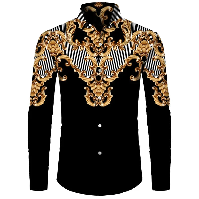 2024 New Luxury Golden Flower Chain 3D Print Men Long Sleeve Shirt Casual Mens Designer Clothing Streetwear Lapel Button Shirts