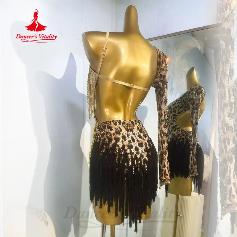Latin Dance Competition Dresses High End Sexy Leopard Pattern Tassel Skirt Adults and Children Customized Performance Clothing
