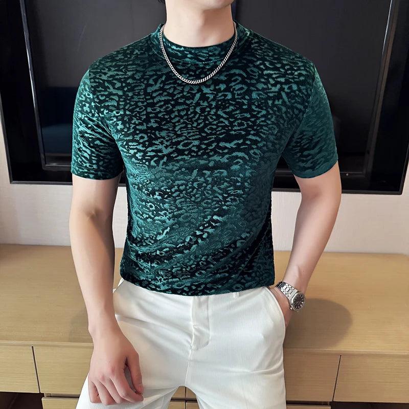 Men's T-Shirts Korean Fashion Gold Velvet Short Sleeve Mens Casual T Shirt Slim Fit Breathable Turtleneck Tee Shirt Homme 4XL-M