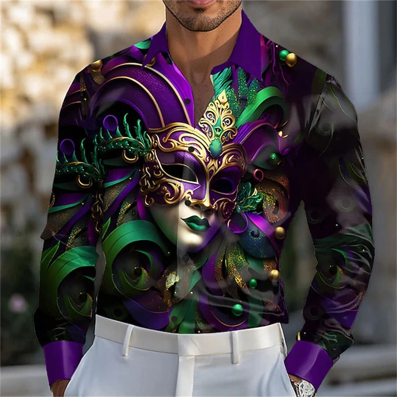 Men's Carnival Themed Feather Mask Print Long-Sleeve Shirt, Fashionable Street Style Party Casual Loose Fit Men's Top XS-6XL
