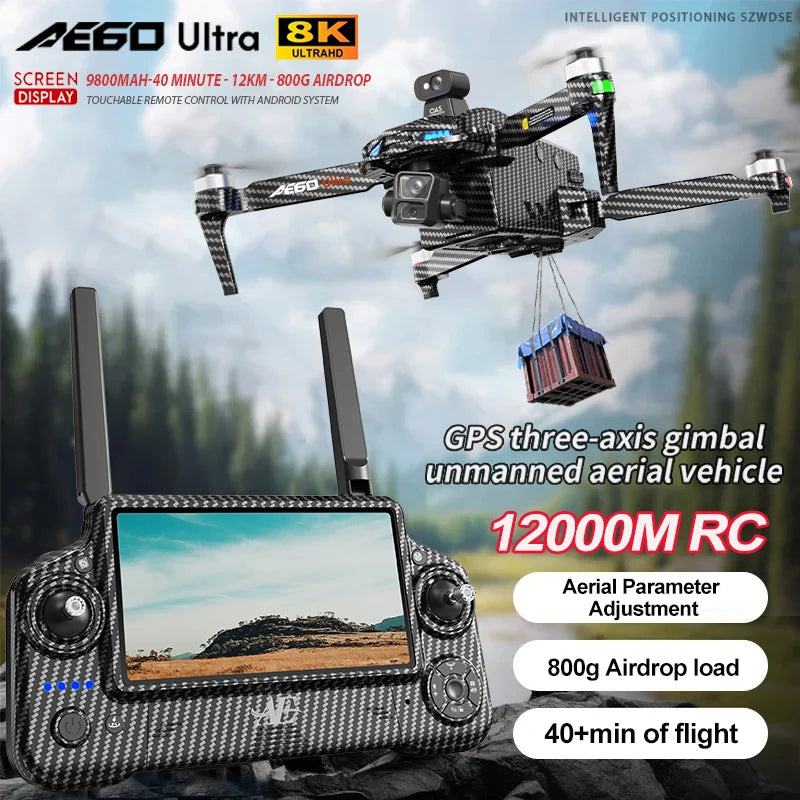 AE60 Ultra GPS Drone Profesional 8K HD Camera 3-axis gimbal Aerial Photography 12KM Obstacle Avoidance FPV Airdrop Fishing Drone