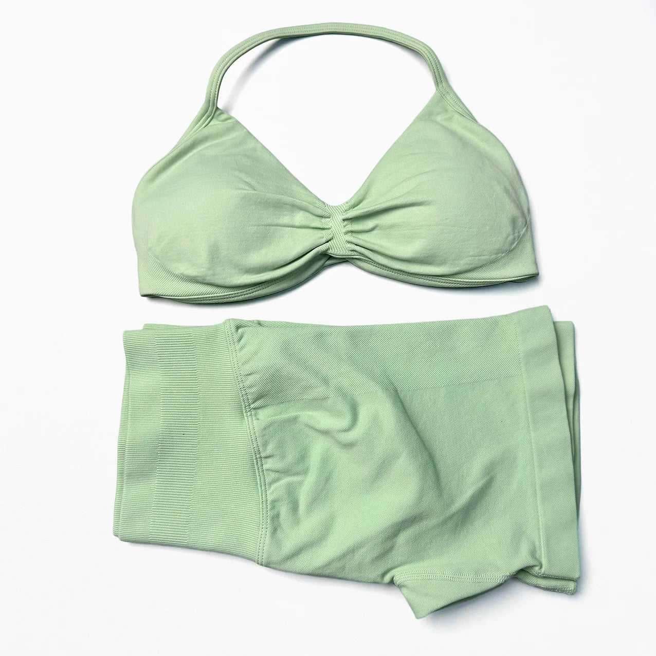 Seamless 2 Pieces Strappy Yoga Halter Bras Sets Scrunch Butt Sports Shorts Quick Dry Backless Gym Crop Tops with Pad Push Up Set