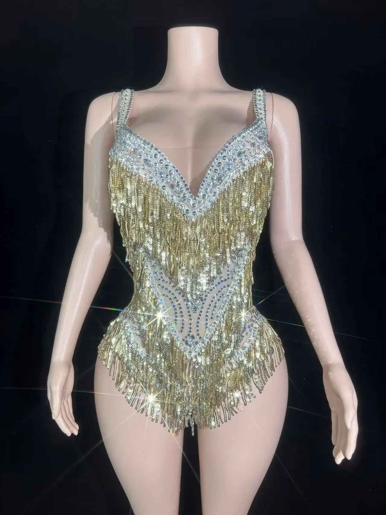 Sparkly Rhinestones Sequins Tassel Bodysuit Women Sexy See Through Performance Dance Costume Singer Dancer Stage