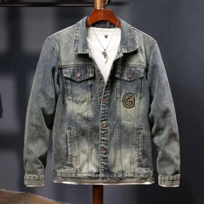 Faionable Retro Motorcycle Jaet Men's Light Colored Embroidered Denim Coat Sli Casual Cotton Polyester Blend Outerwear