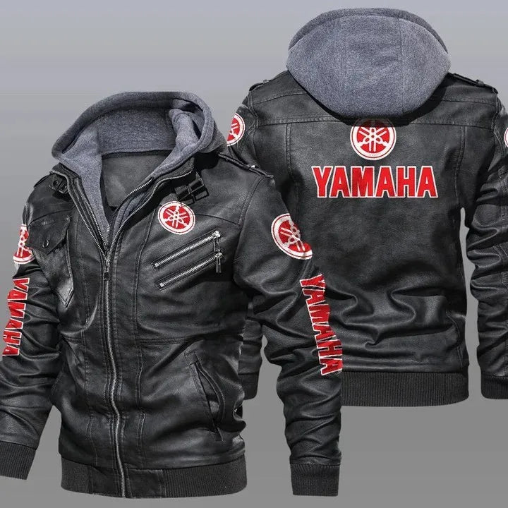 Yamaha printed windproof black leather jacket, brown leather jacket, racing suit, artificial leather jacket, hooded