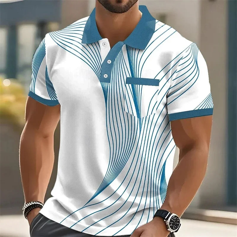 Fashionable summer short-sleeved men's polo shirt with 3d printed stripes, men's lapel, high-quality men's shirt, casual wear