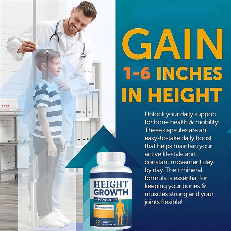 Height Growth Calcium Vitamin D Supplement Grow Taller Capsules Increase Bone Strength Hormone Enhancer for Adults Children
