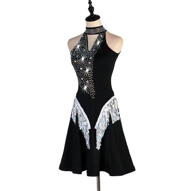 Shiny Black Red Sexy Latin Dance Dress Women High-end Custom Rumba Salsa Performance Skirt Female Dance Dresses