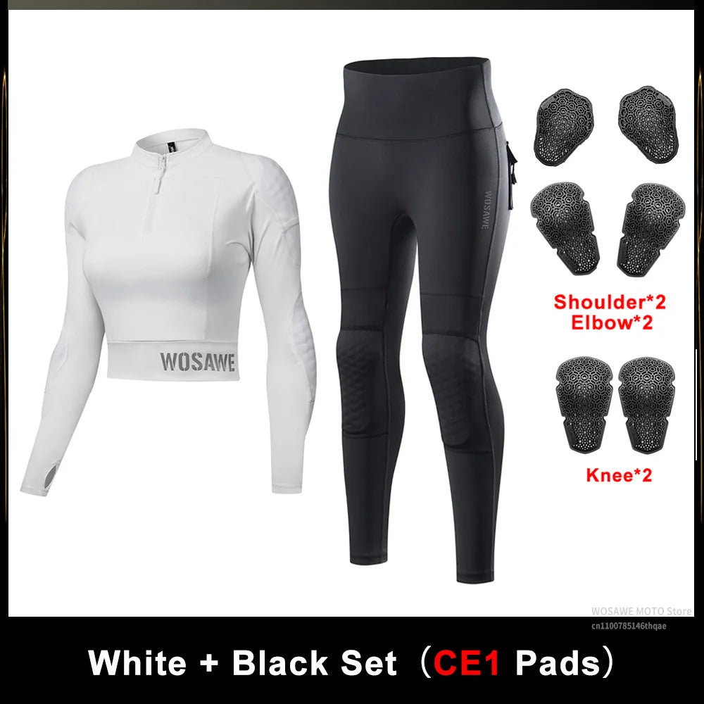 WOSAWE CE Level 1/2 Motorcycle Soft Armor Jacket Pants Set Women Biker Street Riding Clothing Sexy Fit Hip Lifting Training Wear