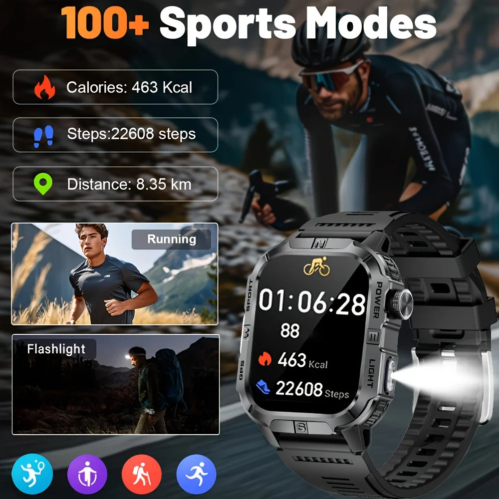 2026 New Outdoor Military Men's Smartwatch Is Equipped With GPS LED Lighting, A Compass, Wireless Communication, IP68 Waterproof