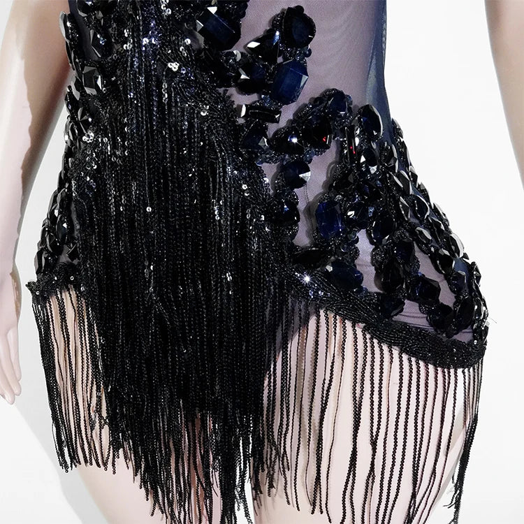 Sexy Mesh Sheer Black Rhinestone rhinestone Bodysuit Singer Dancer Show Stage Outfit Celebrate Party Night Club Performance Waer