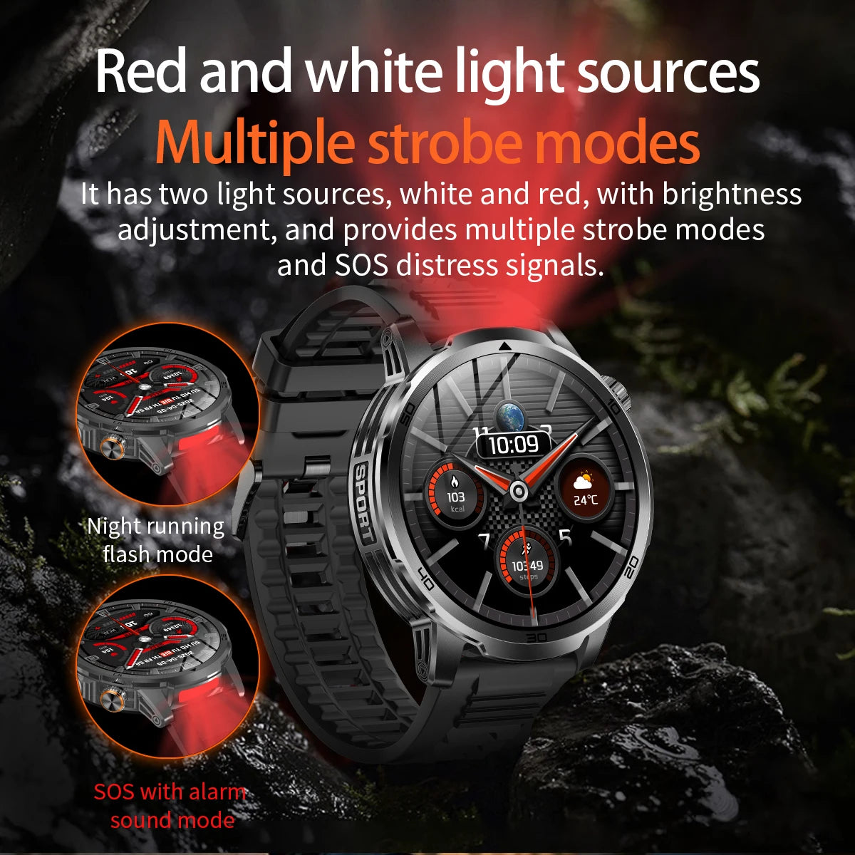 Fanwear men's smart watch SOS distress light +LED flashlight dual light mode 1000 mAh battery GPS trajectory 1.85 inch AMOLED