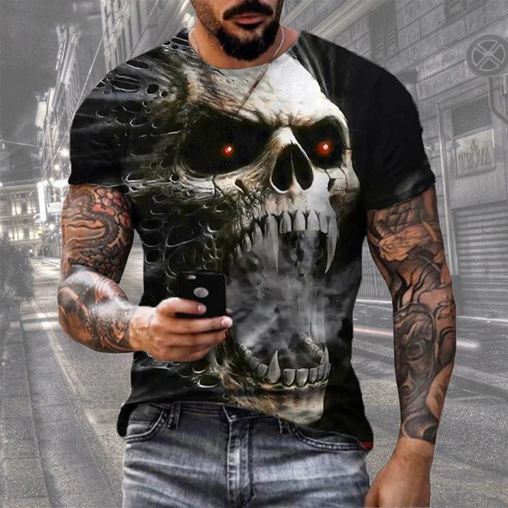 Summer Fashion Retro Skull 3D Printed T-shirt Hip Hop Personality Super Cool Horror Casual T-shirt