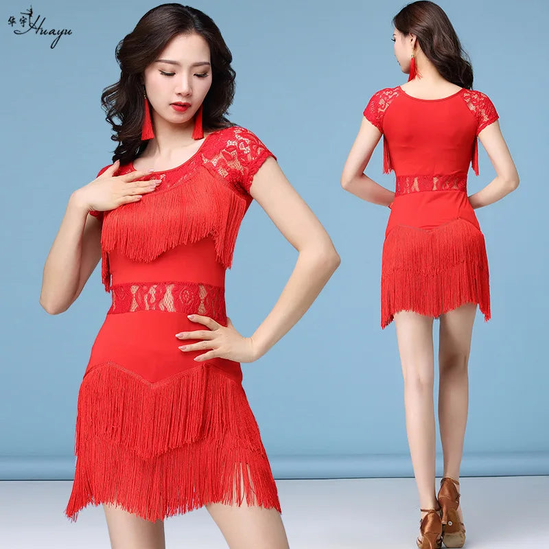 Red Latin Dance Costumes Women Salsa Dancewear Dance Costume Dresses Ballroom Competition Dresses Tango Adult Fringe Sequin