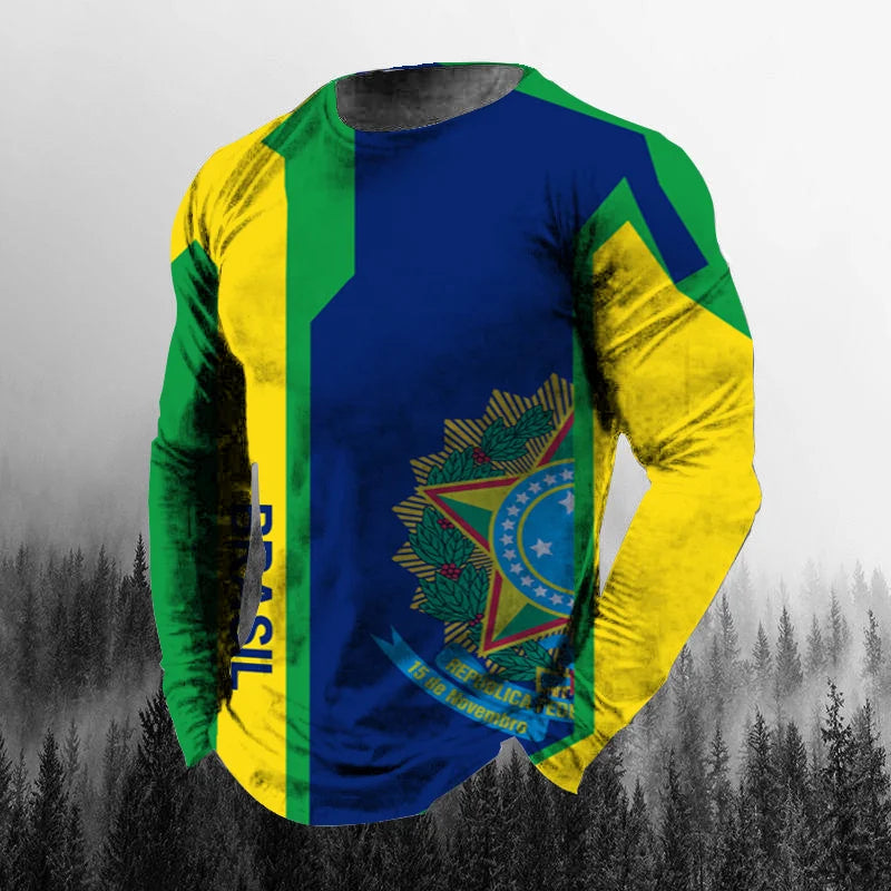 Vintage Brazilian Flag 3D Print Autumn Men's O-Neck T-shirt Casual Long Sleeve Oversized T Shirt Fashion Pullover Men Clothing