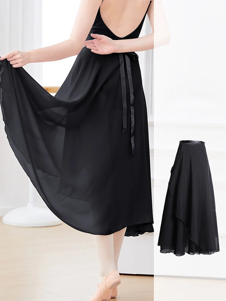 Adults Women Ballet Dance Skirts Long Chiffon Dance Skirts Lyrical Soft Ballet Dress Black Burgundy Translucent Dance Costumes