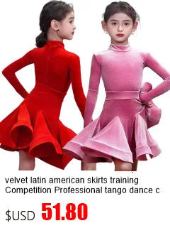 Latin american Dance velvet feather Long Dress Girls Kids Samba Salsa Cha Cha Rumba Tango Children Competition Ballroom Dresses