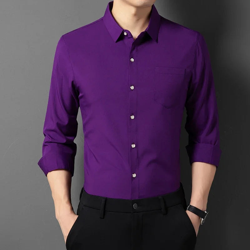 Men's New Casual and Fashionable Long Sleeved Shirt with Pockets Comfortable Wrinkle Resistant and Iron Free Collared Shirt