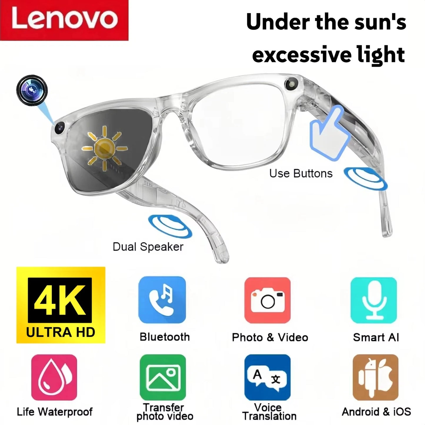 Lenovo AI Smart Glasses 800W Anti Shake HD Camera Video Recording Languages Translation Sunglasses BluetoothMusic Play Man Women