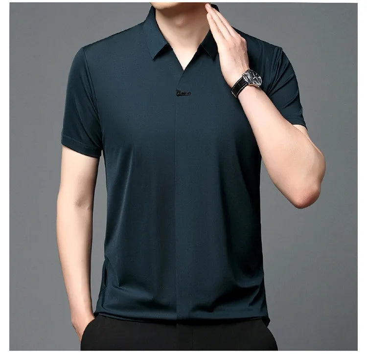 High End Mulberry Silk T-shirts Man Long Sleeve Tops Business Casual Elastic Non-iron Seamless Quality Luxurious Men Polo Shirts