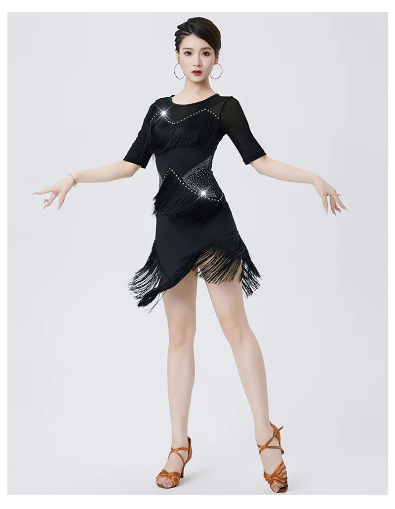 Women's Flapper Dress Fringe Salsa Latin Dance Dress Party Ballroom Dancer Outfits With Shorts Long Sleeve  Tango Samba Rumba