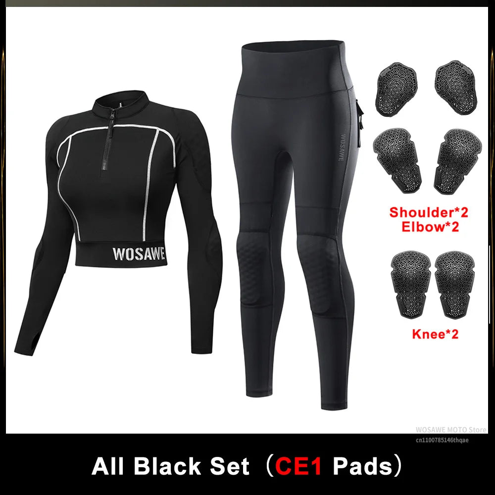 WOSAWE CE Level 1/2 Motorcycle Soft Armor Jacket Pants Set Women Biker Street Riding Clothing Sexy Fit Hip Lifting Training Wear