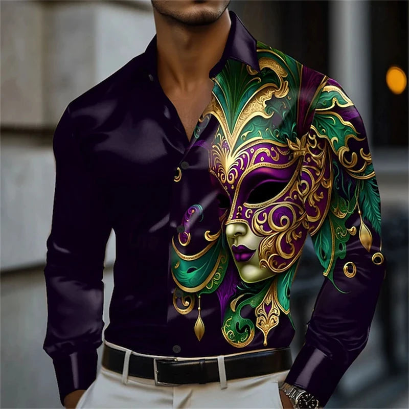 Men's Carnival Themed Feather Mask Print Long-Sleeve Shirt, Fashionable Street Style Party Casual Loose Fit Men's Top XS-6XL
