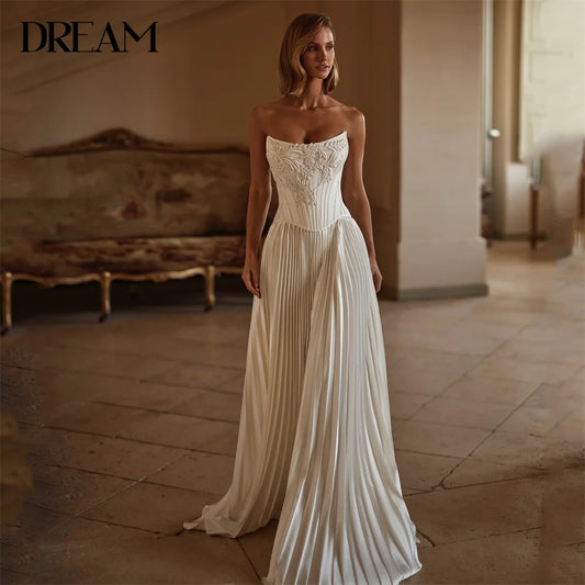 Modern A-Line Pleat Wedding Dress Women 2025 Boat-Neck Applique Open Back Sleeveless Bridal Gown Vestidos De Novia Customized