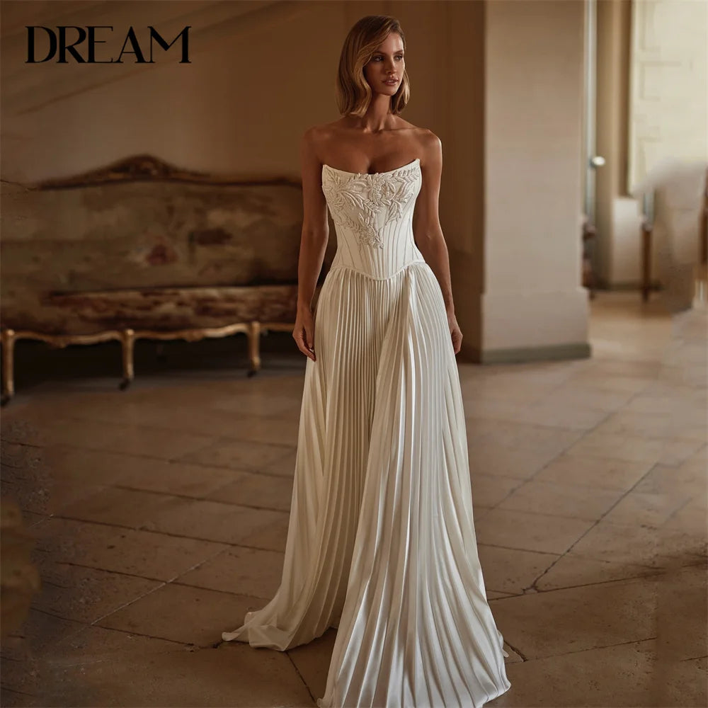 Modern A-Line Pleat Wedding Dress Women 2025 Boat-Neck Applique Open Back Sleeveless Bridal Gown Vestidos De Novia Customized