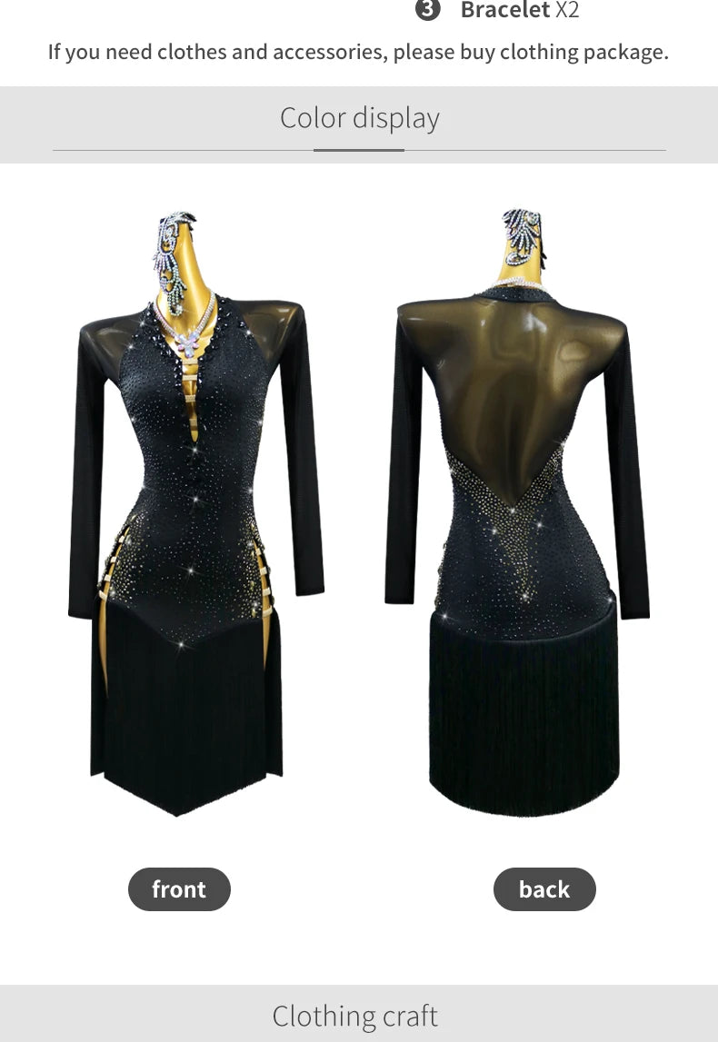 Black Latin Dance Dress Stage Clothes Women Costume Outfit Sport Line Wear Girls Prom Skirt Party Evening Female Suit Customized