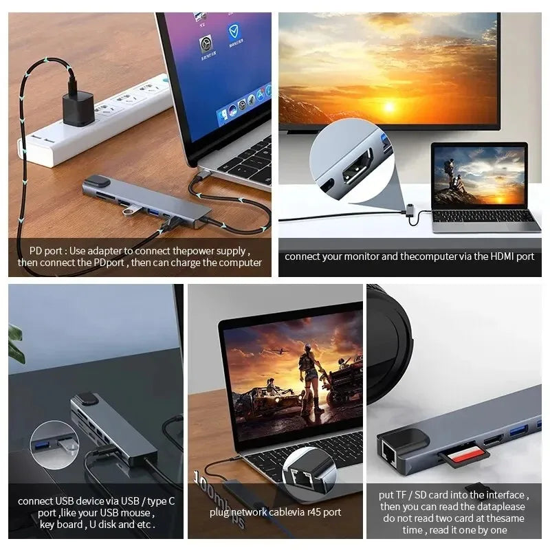 USB C Hub 8In1 7in2 7in1 Type C 3.1 To 4K HDMI Adapter with RJ45 SD/TF Card Reader PD Fast Charge for MacBook Notebook Laptop
