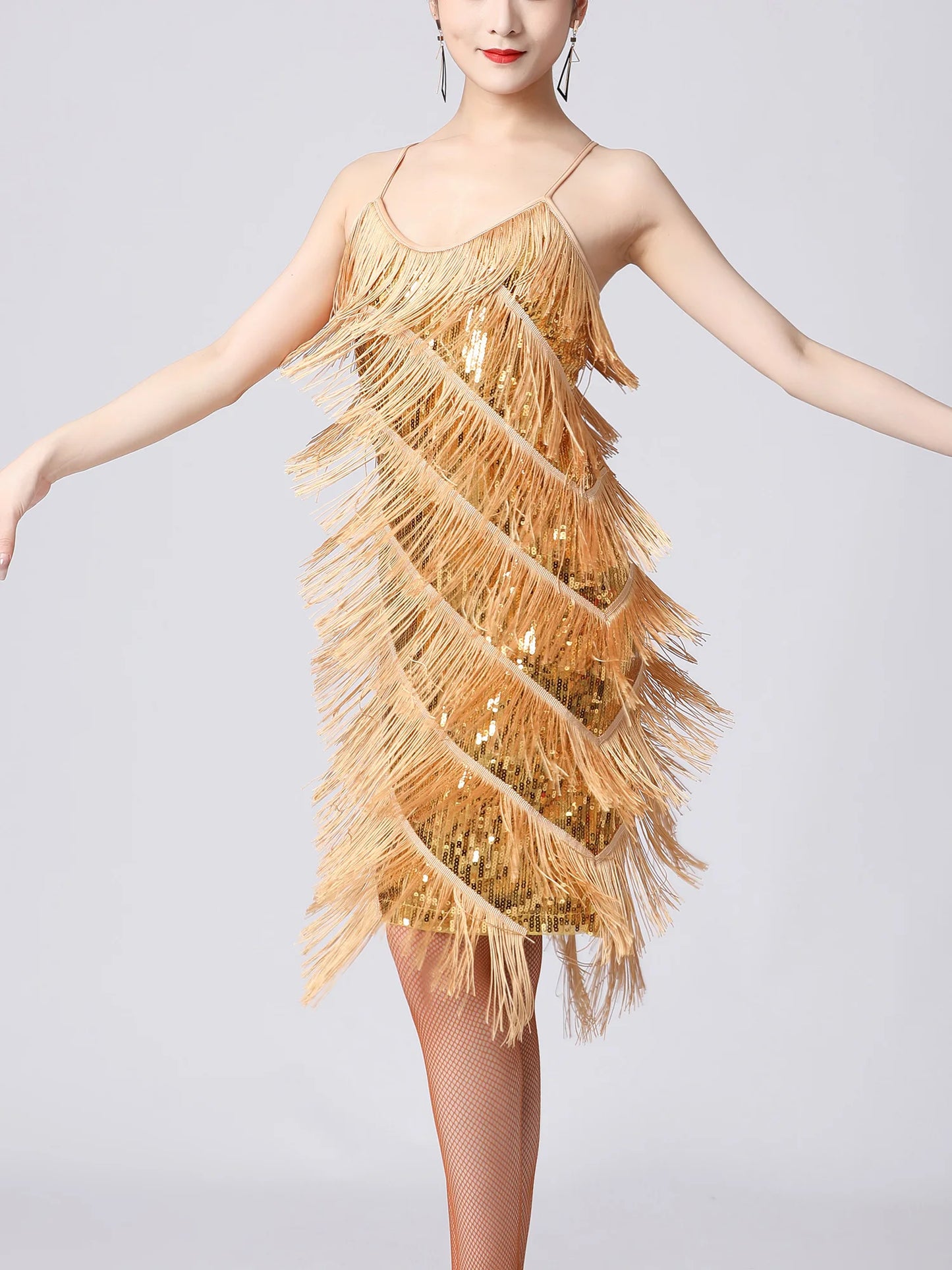 Women Salsa Latin Dance Dress Sequin Tassel Fringe Flapper Dress 1920s Gatsby Cocktail Dress Tango Ballroom Dancing Costume