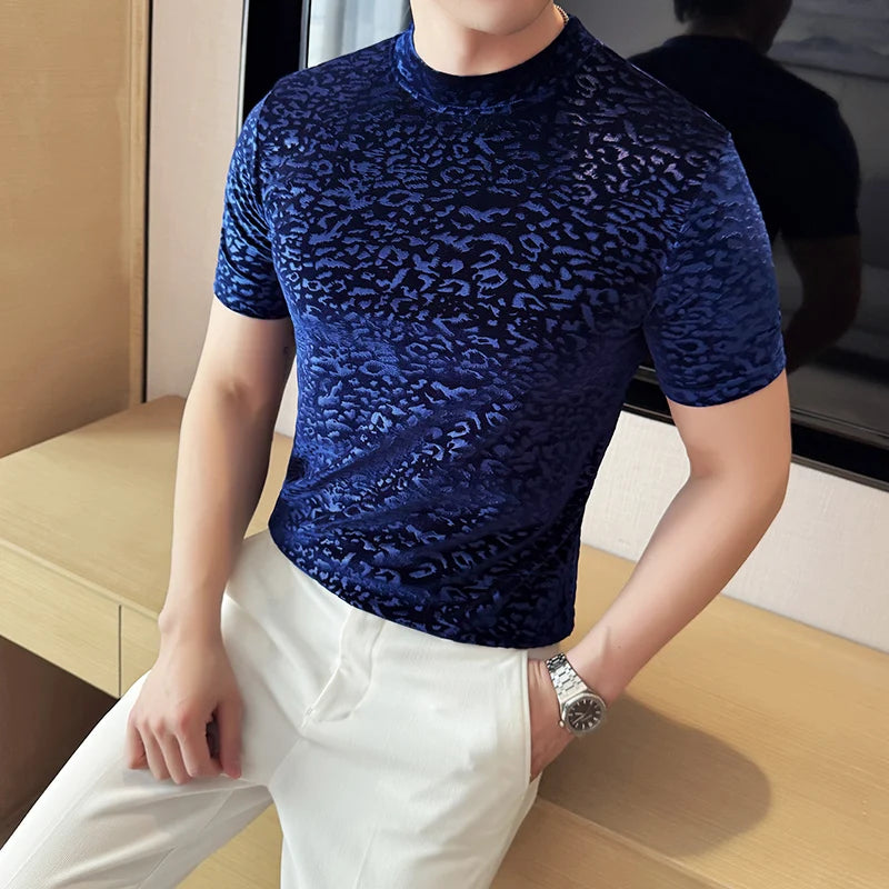 Men's T-Shirts Korean Fashion Gold Velvet Short Sleeve Mens Casual T Shirt Slim Fit Breathable Turtleneck Tee Shirt Homme 4XL-M
